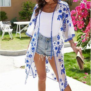 NWOT Sheer Embroidery Blue Floral Kimono
